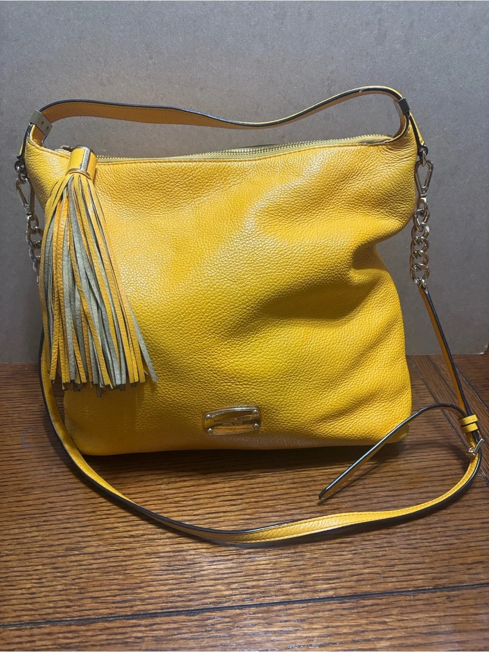 Michael Kors Bedford Yellow Pebbled Leather Hobo Tassel & Chain Strap in Mustard